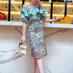 Summer New Fashion Matching Sets Ruffles Slash Neck Sling Lantern Sleeve T-shirt and Floral Printing Slim Zipper Elegant Skirts