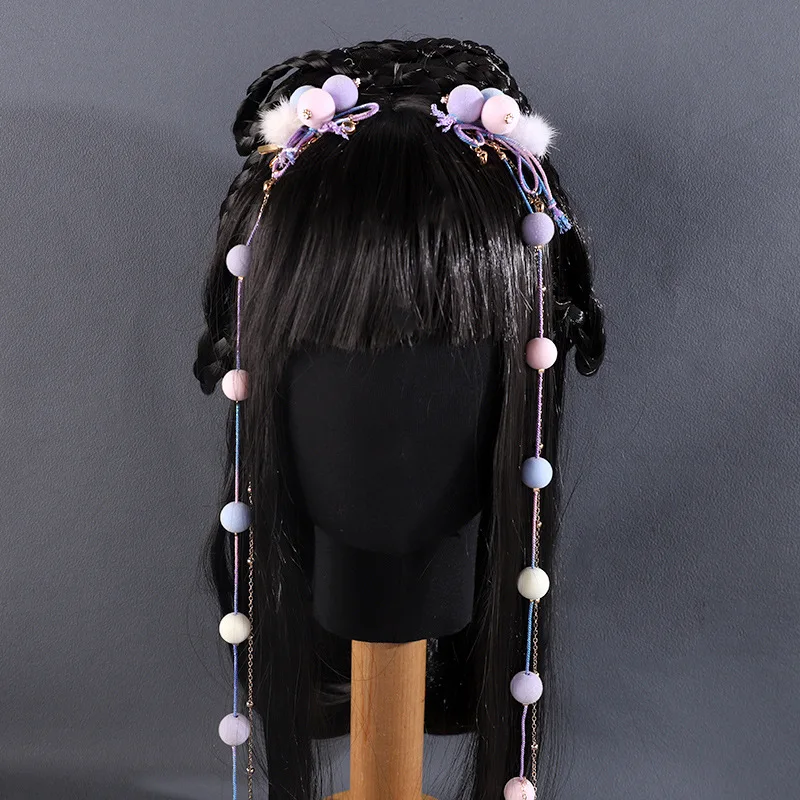 Lucky Bracelet Hand String Dopamine Ethnic Style Color Antique Hair Ball Tassel Hair Clip Hanfu Accessories Winter Clip Princess