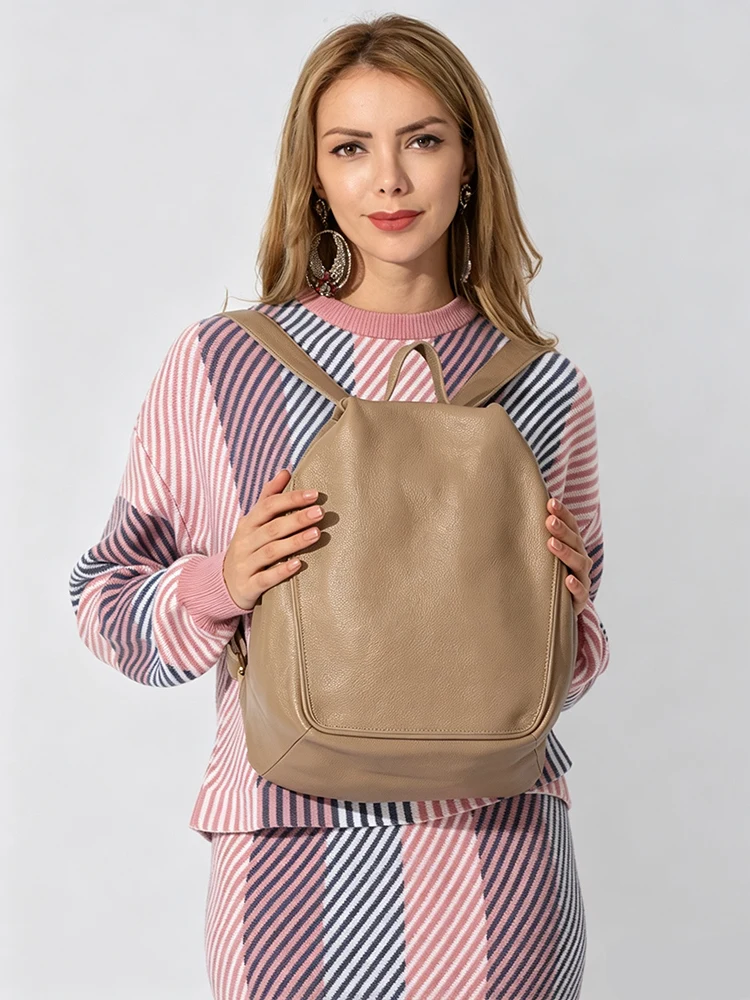 Zency Women Stylish Classic Backpack Khaki Genuine Leather Knapsack Satchel Purse Roomy with Pockets Fit A4 Ipad 9.7'' Rucksack image 2