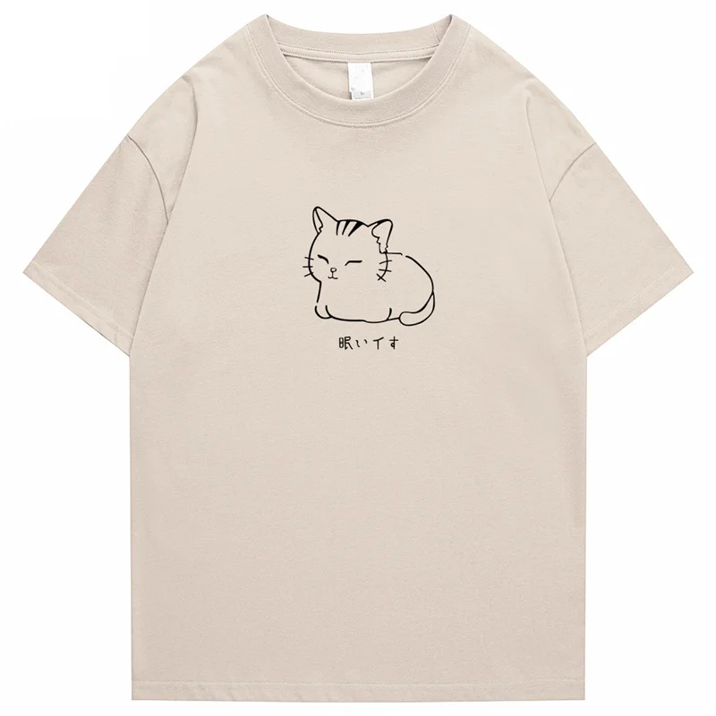 、Hip Hop T-Shirt Men Streetwear Japanese Kanji Funny Cat Printed T Shirt 2023 Men Harajuku Cotton Casual Short Sleeve Tshirt Top