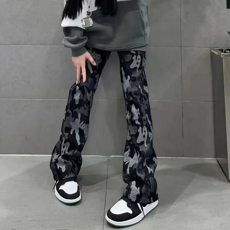 Camouflage Print Wide-Leg Casual Pants Spring Autumn Loose Denim Female Clothing American Button Hip-hop Retro Bootcut Trousers