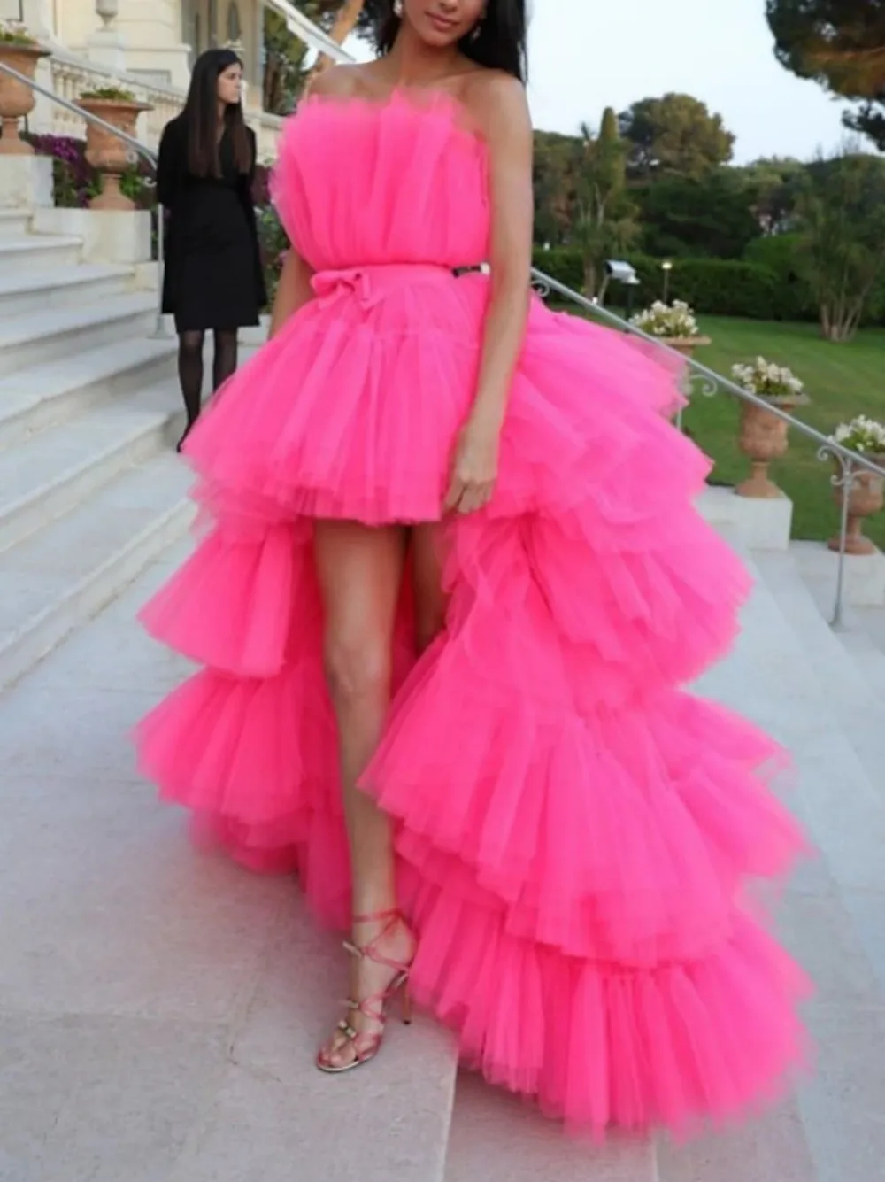 

Strapless Tulle Long Dress Party Princess Gown Sleeveless Asymmetrical Hem Multi-Layer Skirt Wide Waist Belt Small Bow Red Carpe