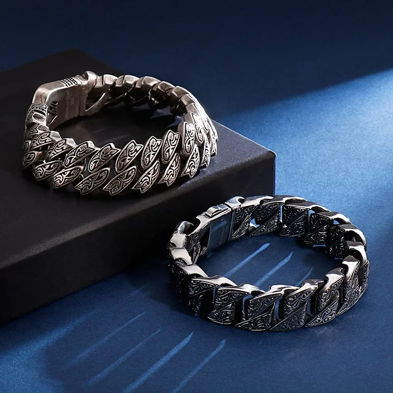 New Silver Color European and American Domineering Retro Personalized Pattern Bracelet Hip-hop Fashion Men Jewelry