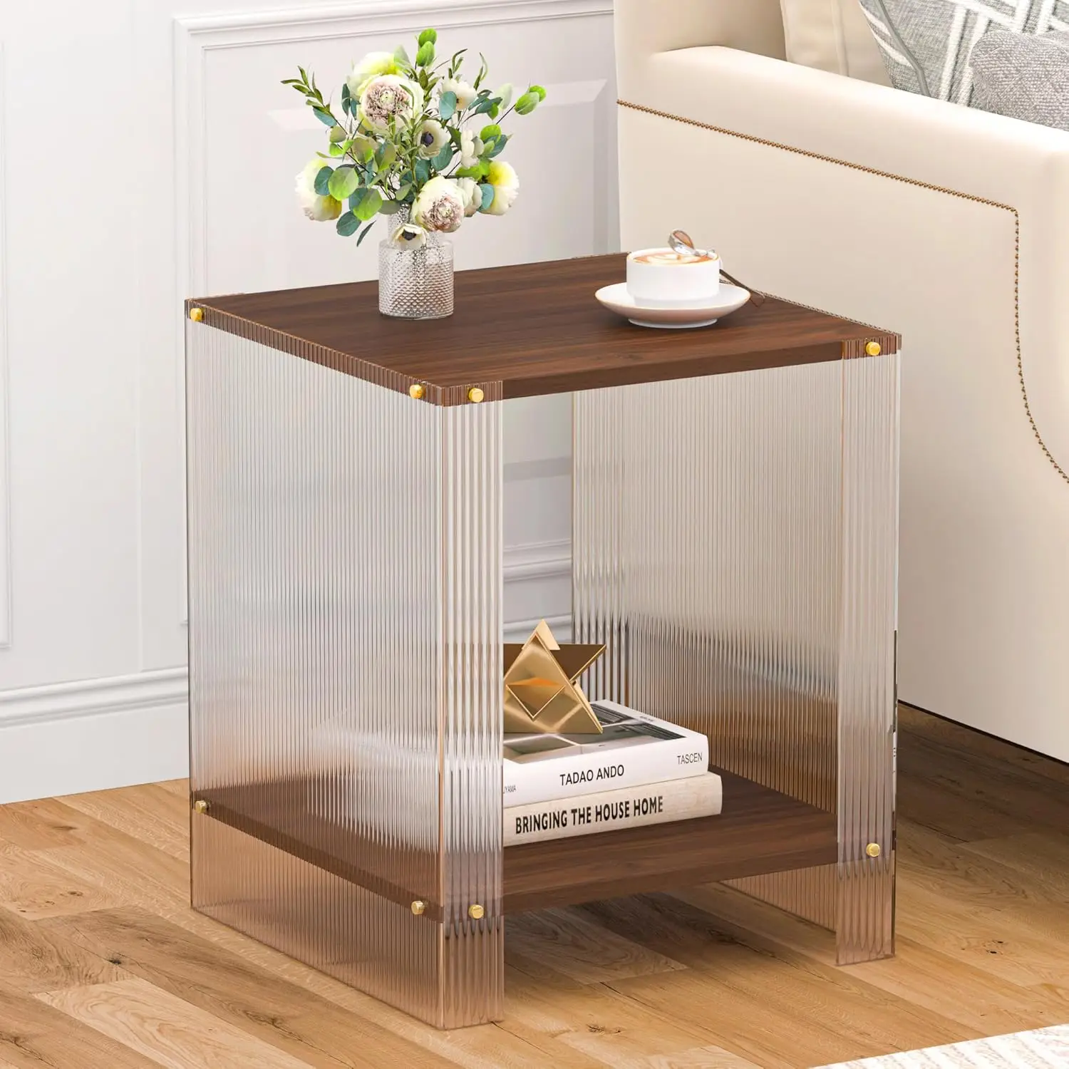 

Walnut Acrylic Nightstand Bedside Table, Modern Sofa Side Table with Storage Shelves, 2-Tier End Table, Small Accent Table