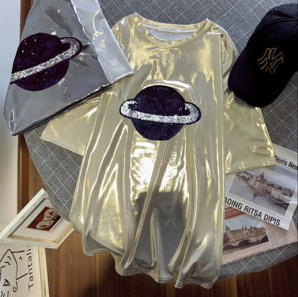 2023 Spring New Glittering T-shirt Trendy Brand Mid-length Loose Women Men Unisex Hip-hop Short-sleeved O-neck Casual Tops Tees