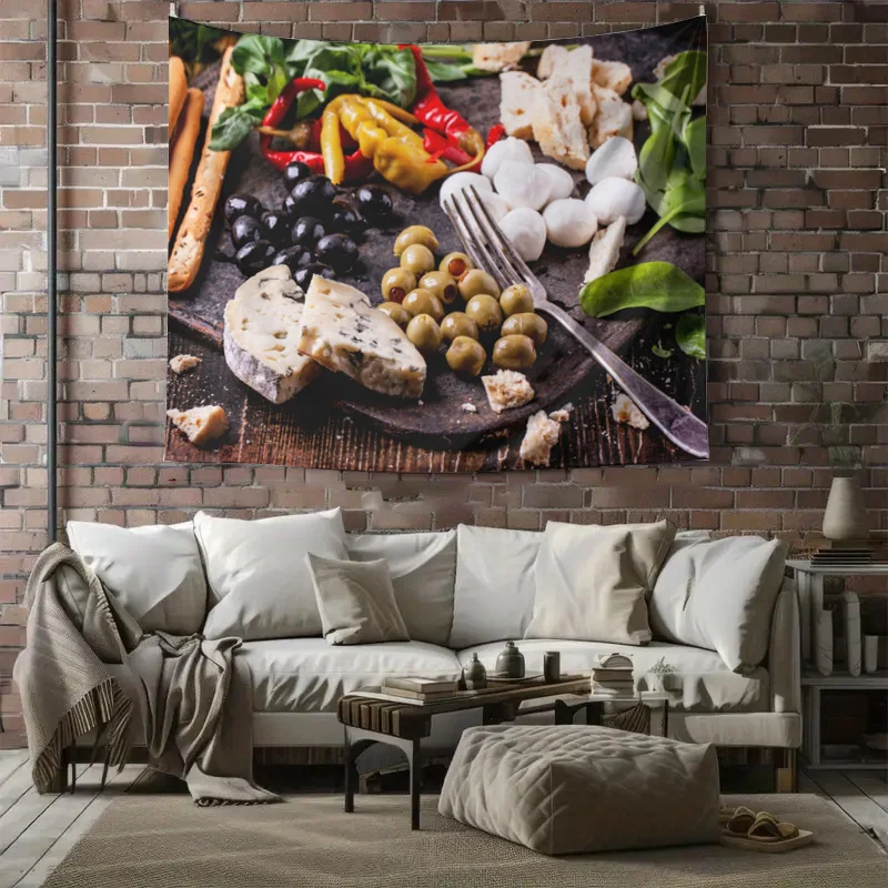 Rustic Mediterranean Food Tapestry Wall Decor Art Charcuterie Board Print Italian Kitchen Dining Room Boho Style Feast Photograp