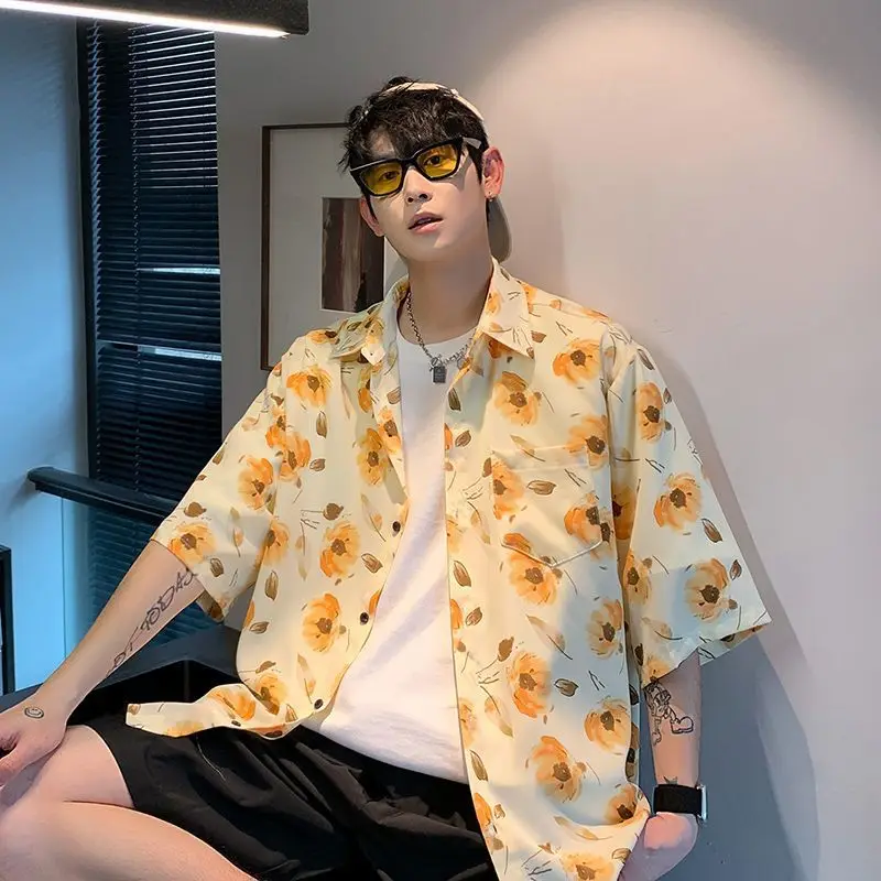 New 140KG Beach Shirt Hong Kong Style Summer Male or Female Short-sleeved Senior Wear Fashion Printed Ice Silk Coat Couples