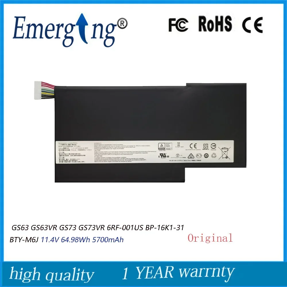 

BTY-M6JBattery For MSI GS63 GS63VR GS73 GS73VR 6RF-001US BP-16K1-31 11.4V 64.98Wh 5700mAh