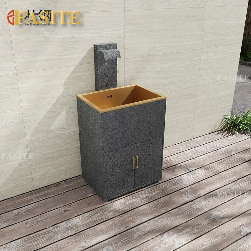 for Outdoor Wash Basin Courtyard with Storage Table Waterfall Sink Stainless Steel Column Basin Yard Sink