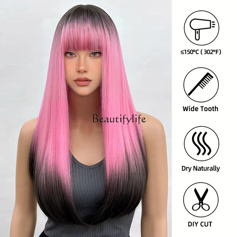 Wig full head shape long loose straight hair pink black gradual change color ribbon bangs women's