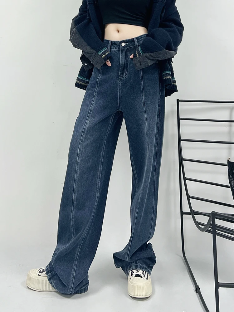 Dark Grey Jeans High Waist Wide Leg Women Denim Pants Blue Fashion Straight Trousers Pocket Loose Casual Jeans