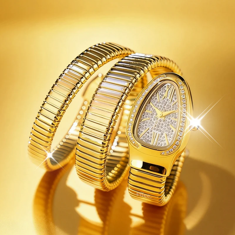18K Gold Diamond Watch Unique For Women Luxury Watches Quartz Ladies Fashion Clock Luminous Waterproof Snake Wristwatch Gift