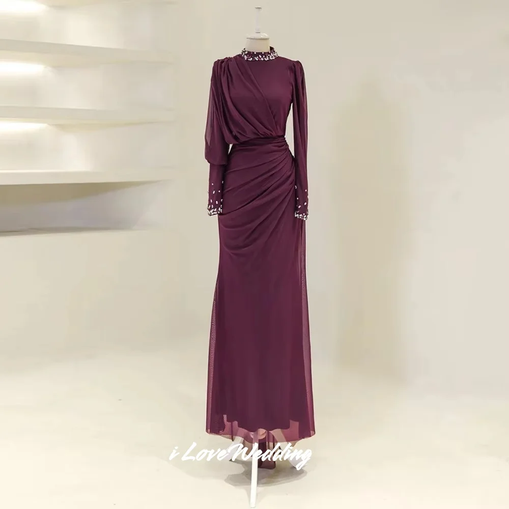 

Islamic Prom Dresses High Neck Long Sleeves Crystal Beading Pleat Mermaid Prom Gown Formal Party Dresses Floor-Length Customized