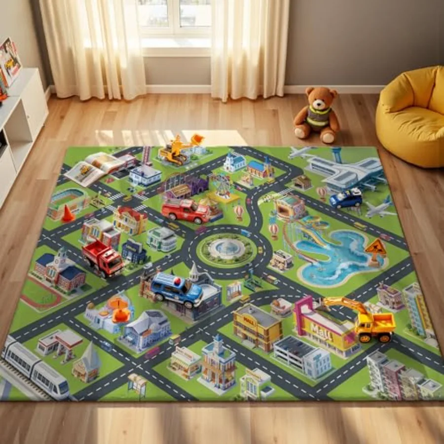 

City Road Car Play Rug - 5x7ft kids carpet for bedroom and playroom, faux wool material, gray-blue color, non-slip backing and