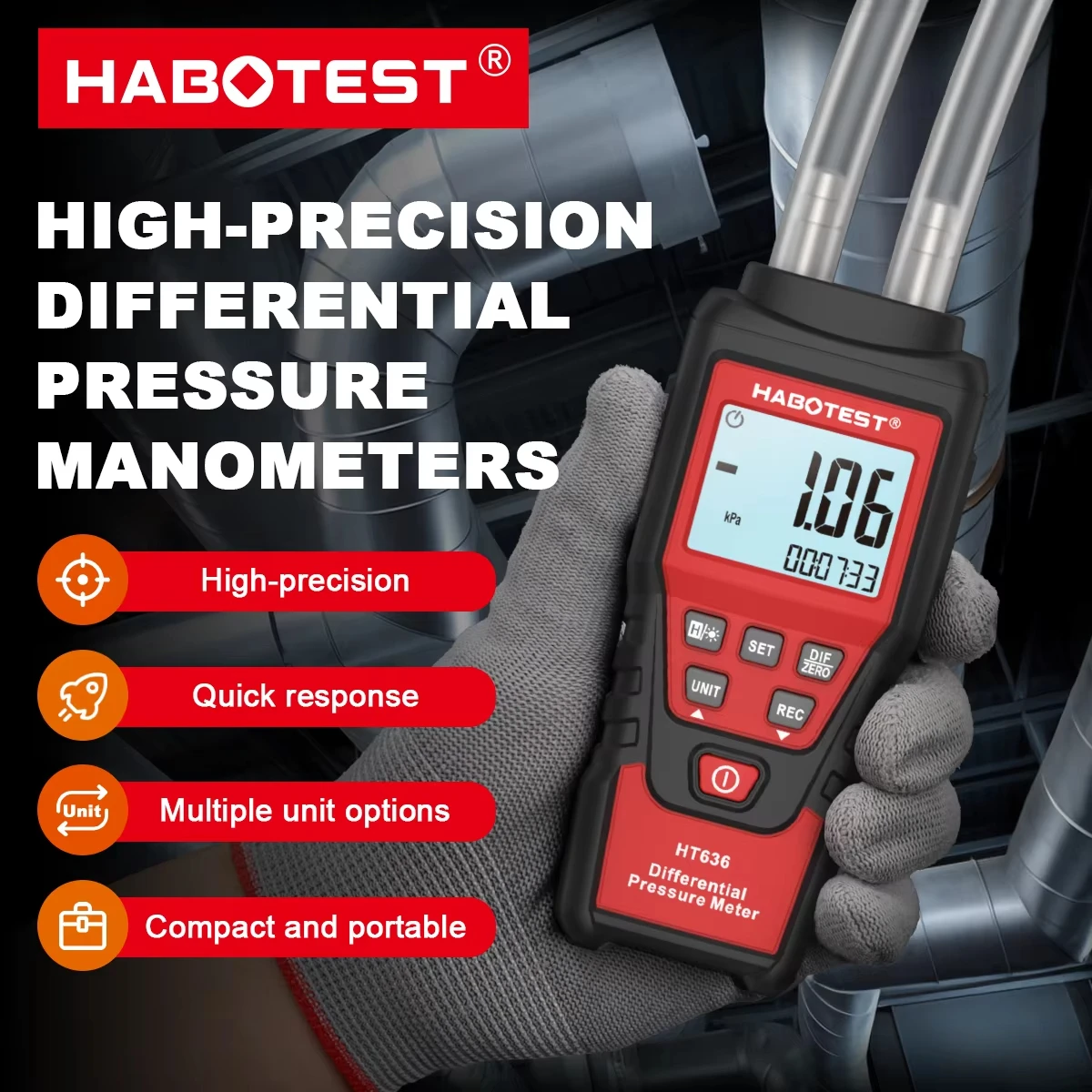 HABOTEST HT636 Digital Pressure Gauge Manometer Air Pressure Meter Differential Pressure Gauge Air Precision Kit Detector Meter