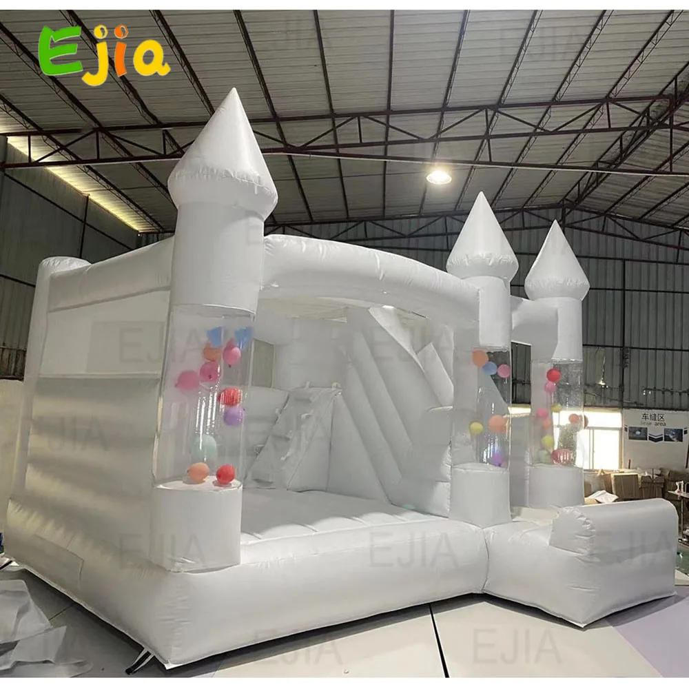 Casa de balão inflável para festa de casamento, rede de trampolim infantil, castelo bouncy branco com slide, uso comercial, 15 pés