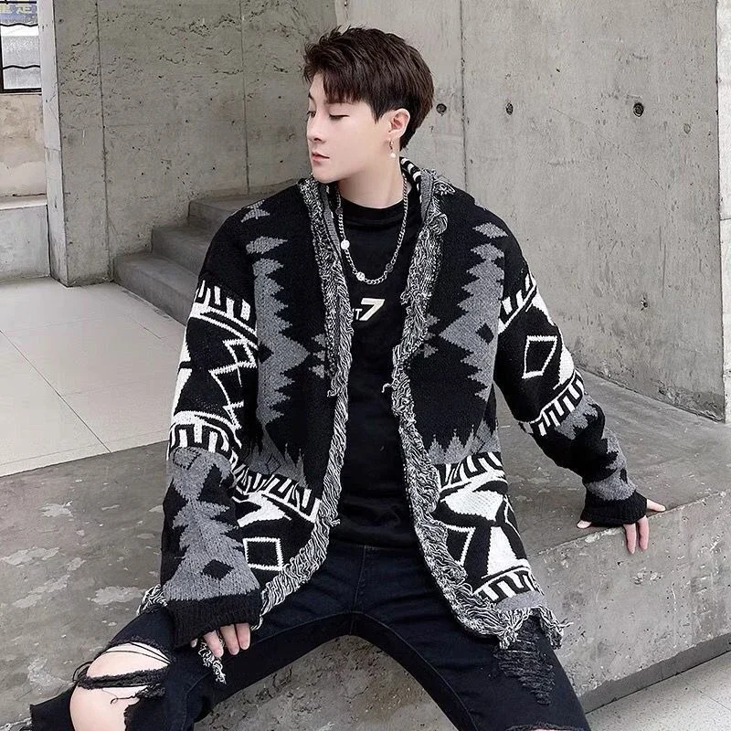 New Arrival Fall Winter Men's Printed Tassel Knit Cardigan American Vintage Laid back HK Style Loose Casual Thin Woolen Sweater