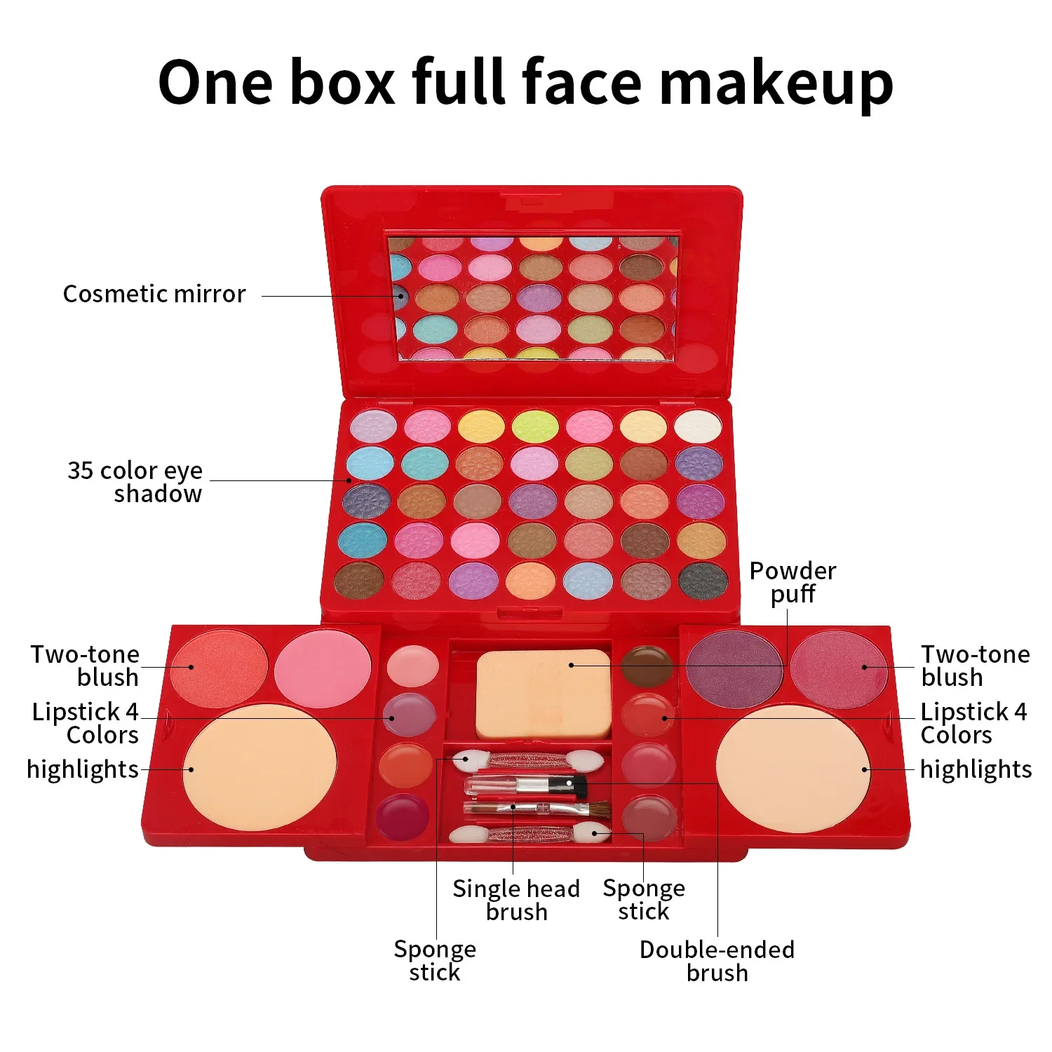 Make-up cadeauset voor vrouwen Volledige kit Alles in één Rood 49 kleuren Gezichtspoeder Oogschaduwpalet Make-up Lip Oogschaduw Markeerstiftborstel