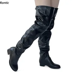 Rontic nuovo arrivo donna inverno stivali lunghi Unisex ecopelle piatto con tacchi punta tonda scarpe Casual abbastanza nere taglia usa 5-20