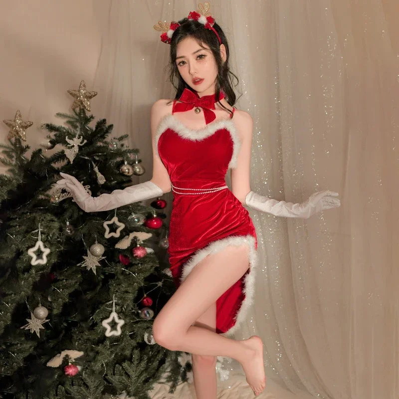 Uniforme de terciopelo rojo de Navidad para mujer, vestido con cadena de cintura de perlas peludas y espalda descubierta, trajes de niña de reno de Año Nuevo, disfraces de Cosplay sexys