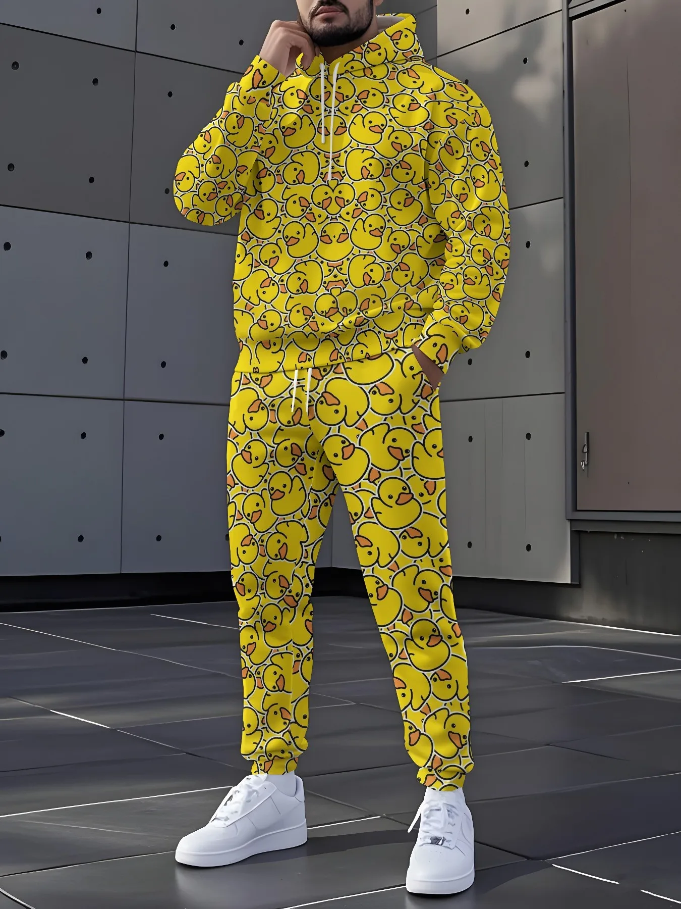 

2026 Autumn/Winter New Style Street Casual Fashion Comfortable Soft 3D Duck Pattern Printed Men's Hooded Sweatshirt Set
