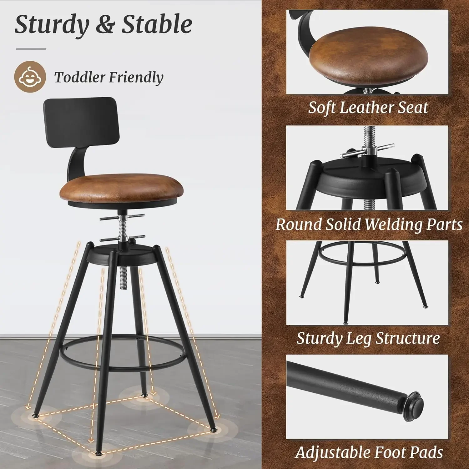 Industrial Swivel Bar Stool Set of 4, 26"-32" Adjustable Counter Height Bar Stool with Back for Kitchen Island, Vintage Farmhous