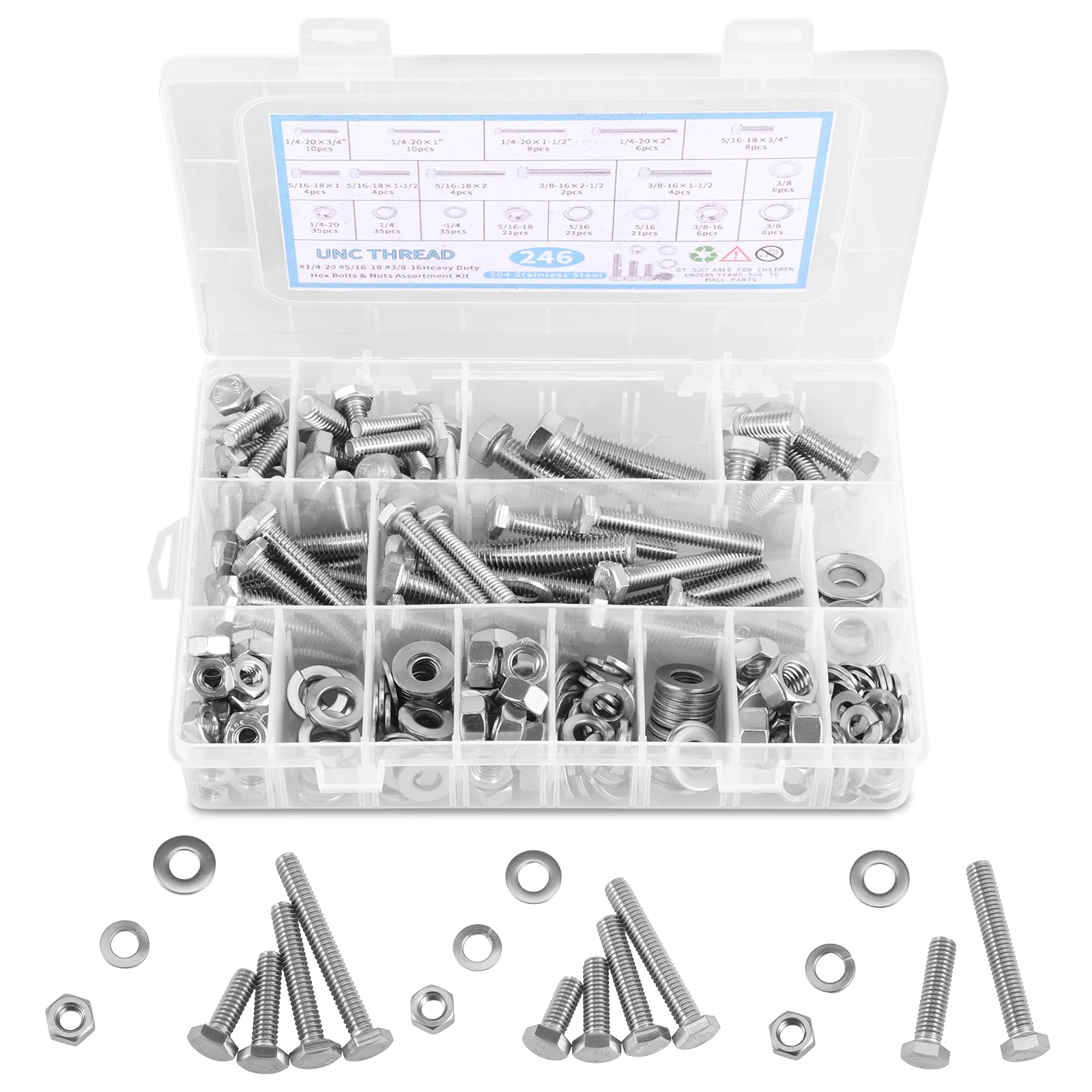 246個入り六角ボルトとナット詰め合わせキット-ステンレス鋼-1-4-20、5-16-18、3-8-16-各種ナットとボルト-フラットスプリングロック