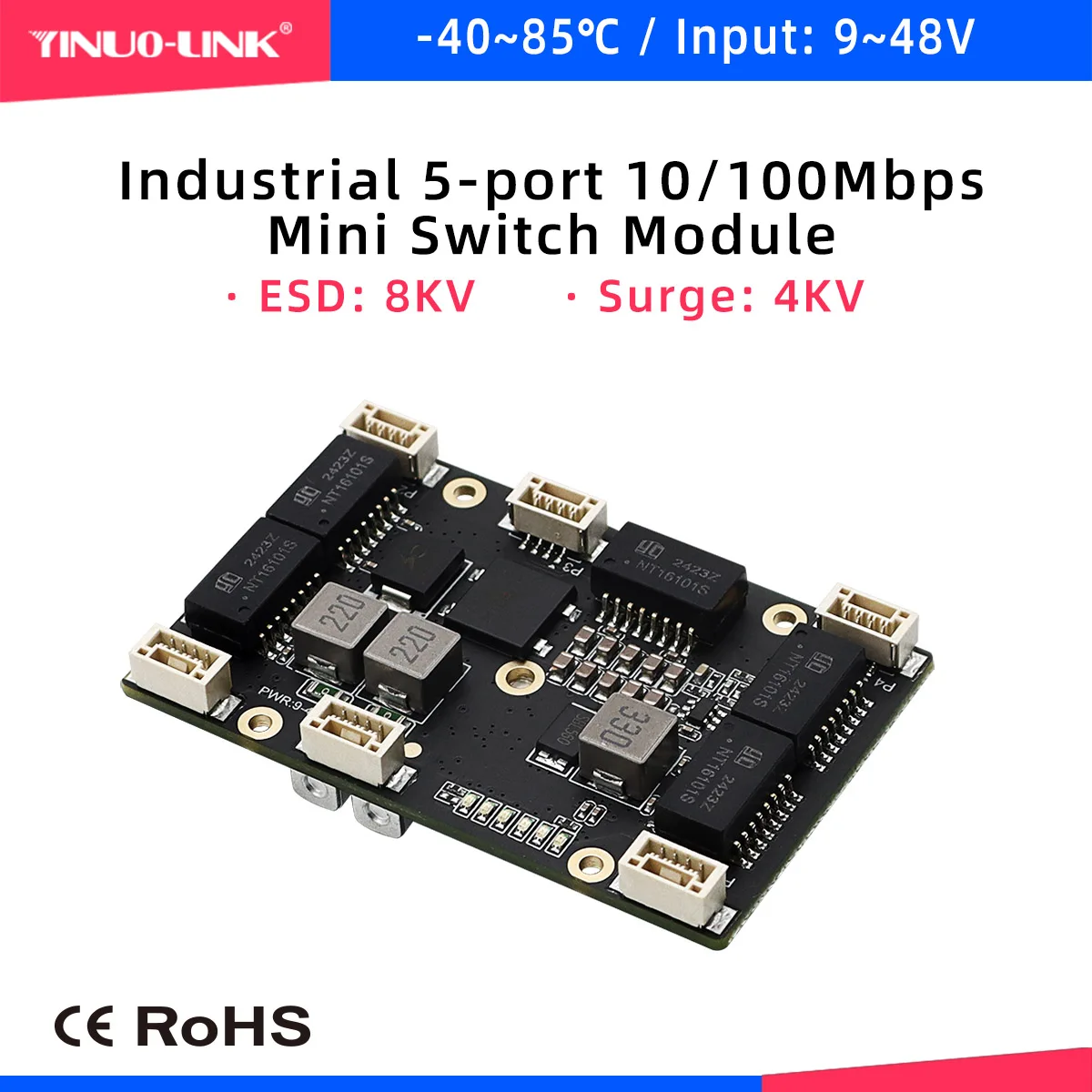 YINUO-LINK_YN-IES10501 Industrial 9-48V Mini 5 Port Network Switch Module-62*39*13MM mini size Fast Ethernet Switch PCBA