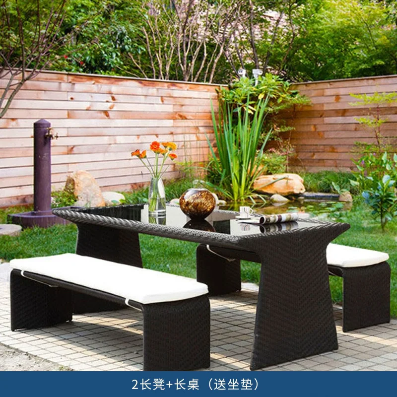 

Outdoor villa courtyard table and chair garden balcony rattan long rattan chair triangle set waterproof sunscreen storage tea ta