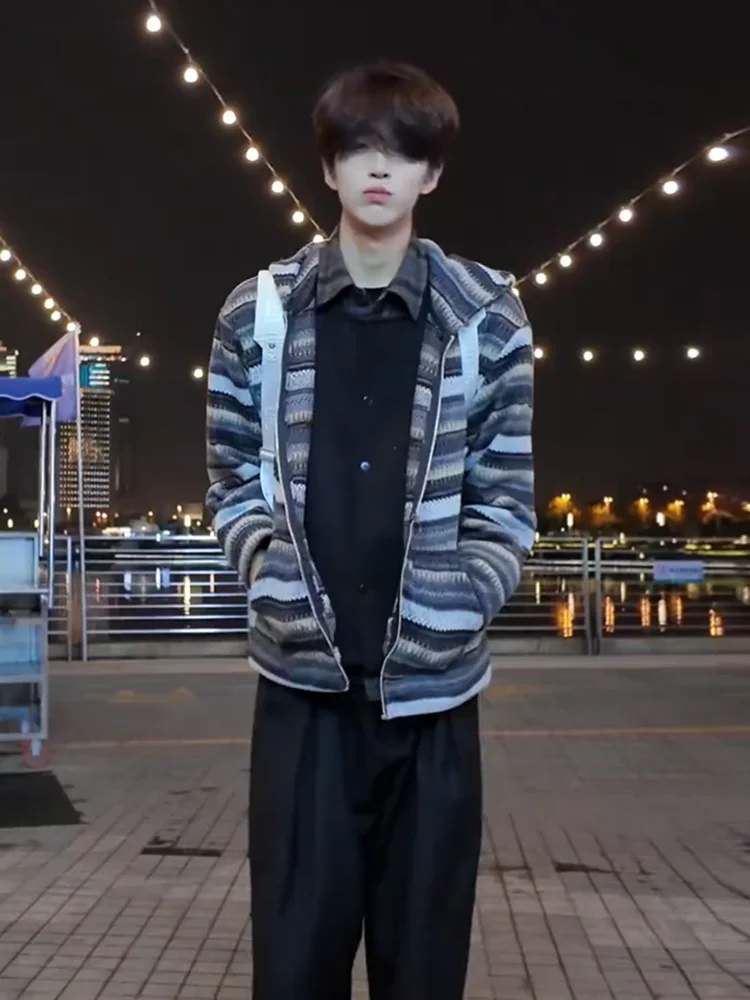 

Korean Aosphere Open Cardigan Sweater Men's Jaet Loose Lazy Sle Autumn Winter Polyester Fiber Hooded Knittedwear Coat