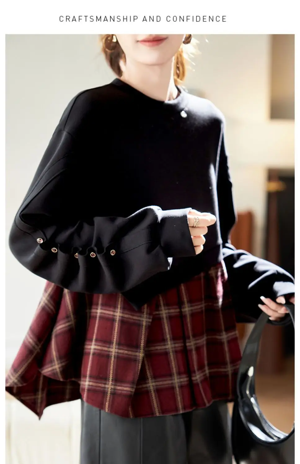 Fashion Round Neck Plaid Splicing Fake Two-piece Sweatshirt 2025 Autumn Pullover New Top