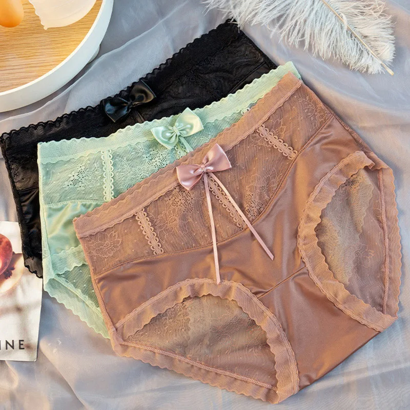 

Women Seamless Underwear Silk Lace Briefs Underpants For Women Bow Soft Breathable High Waist Underpants Ladies Lingerie