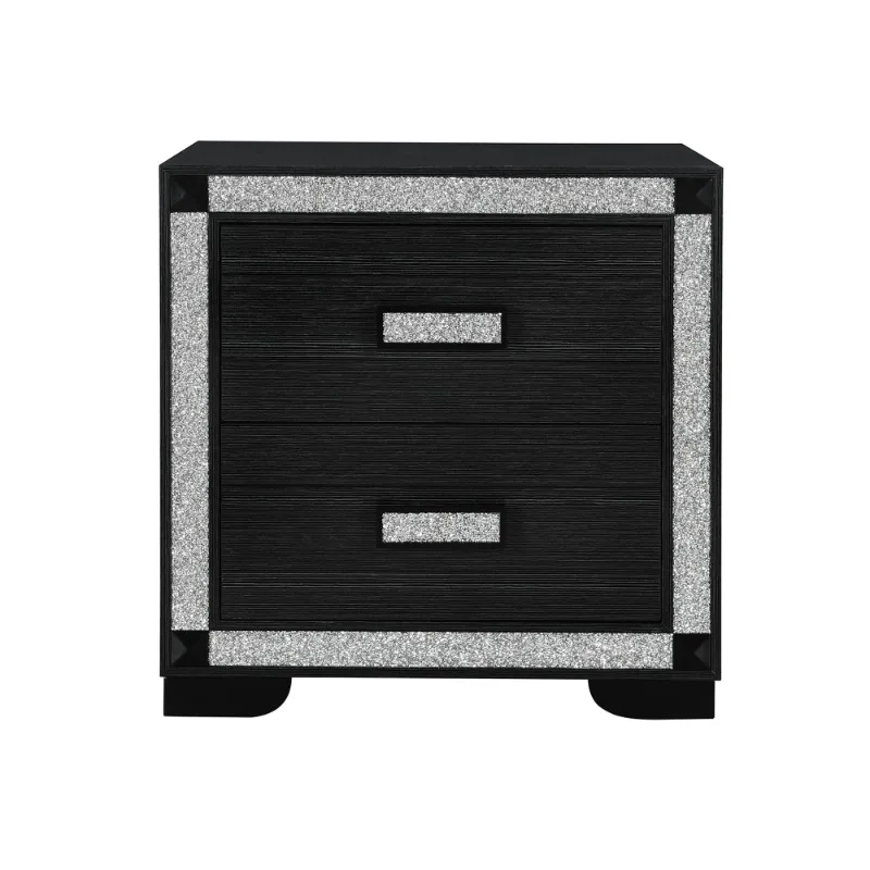

Black 2-Drawer Nightstand with Glitter Trim Modern Glam Bedroom Accent Furniture Luxury Style Storage Cabinet