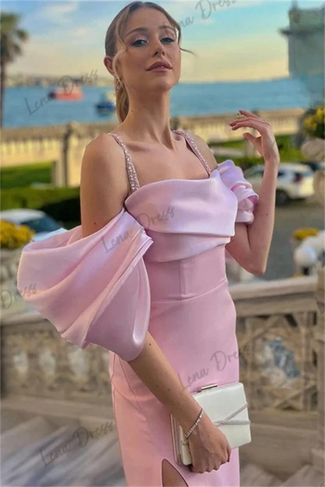 Lena-2024 New Evening Dress Pink One Line Neck Bubble Sleeves Fishtail Floor to Floor Dress Suitable for Various Ball Parties