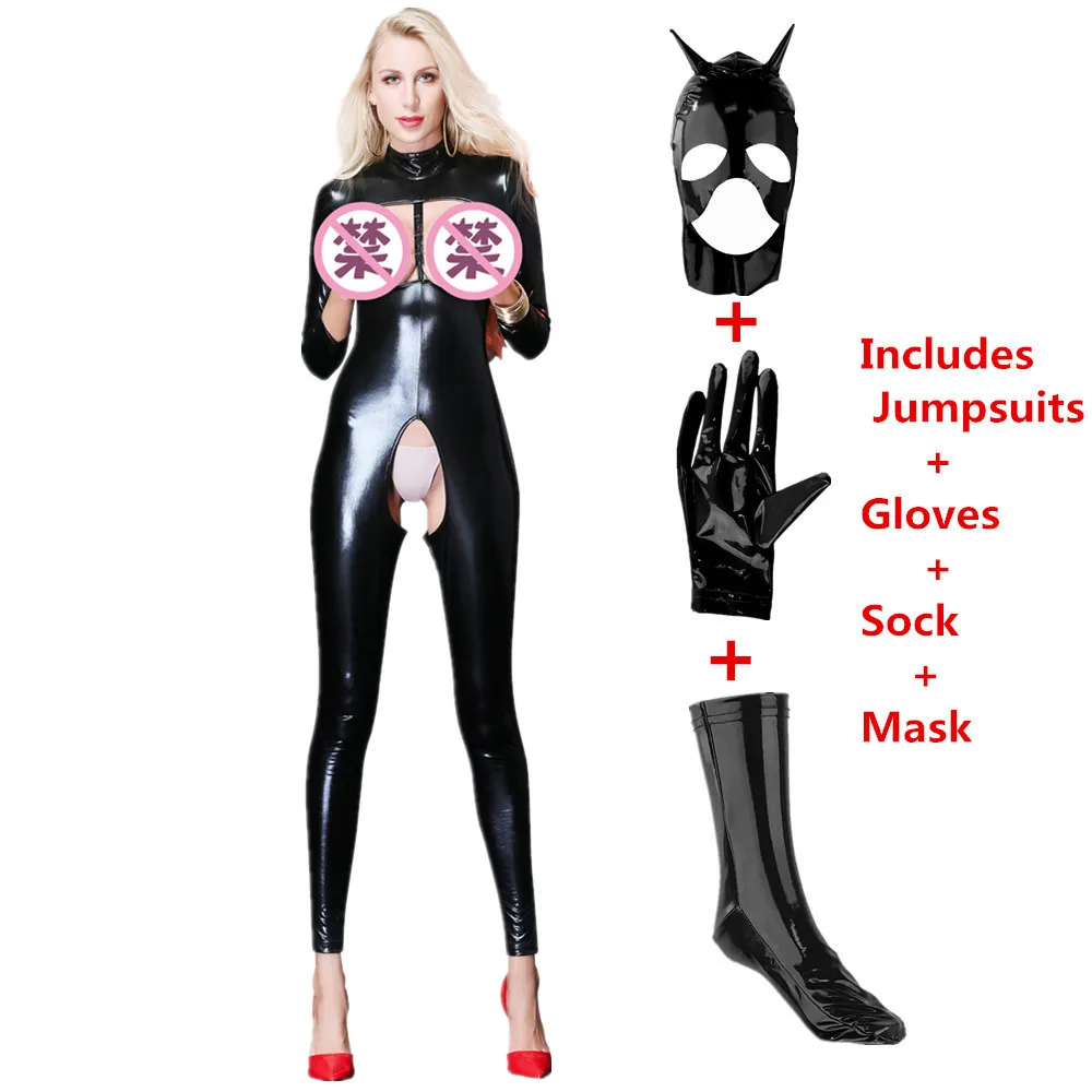 Sexy Faux Leather Catsuit Latex Bodysuit Women Lingerie Breast Exposing Open Crotch Jumpsuits Plus Size Stretch Erotic Costumes