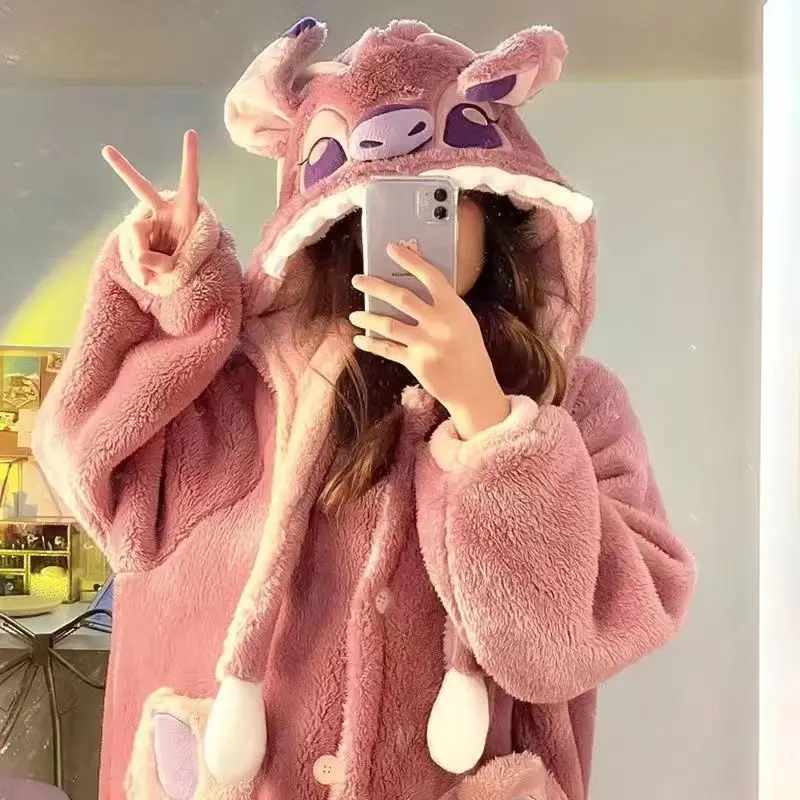 Disney Stitch Stitch  Robe Kawaii Hooded Dressing Gowns Lady Thickened Warm Loungewear Cute Woman Autumn Winter Christmas