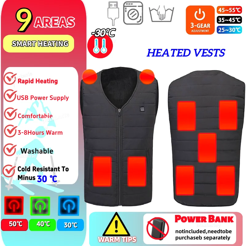 9/12 Areas Heated Vest Winter Smart Electric Heated Warm Jacket Men Women USB Bodywarmer Ski Self Heating Sleeveless Vest Parkas