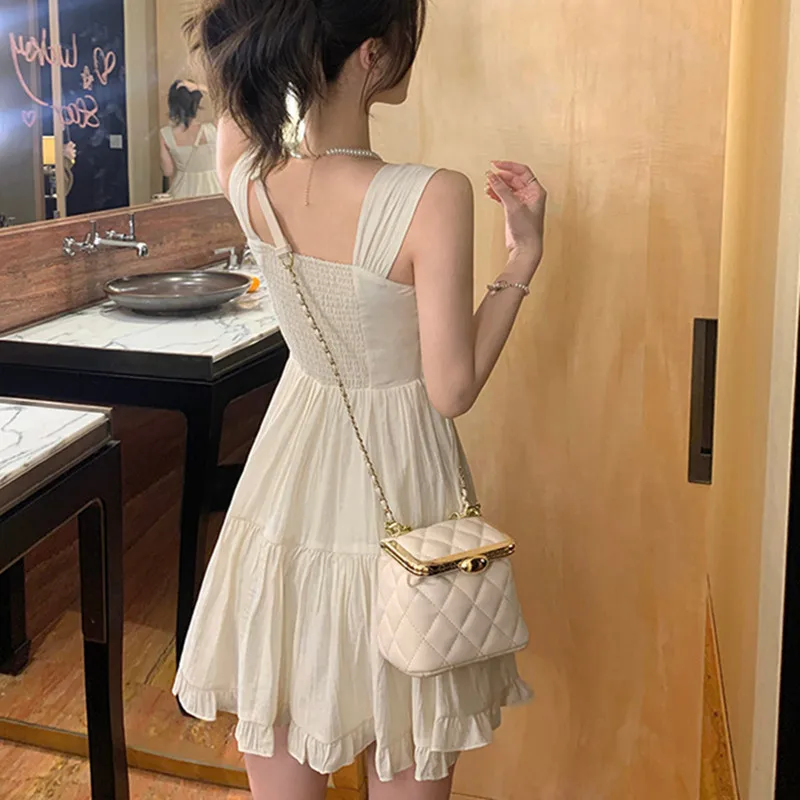 Sweet Style Age-reducing Beige splice Dress for Women Summer Niche High Waist Slip Preppy Dress Female Cute Girl Summer Wear