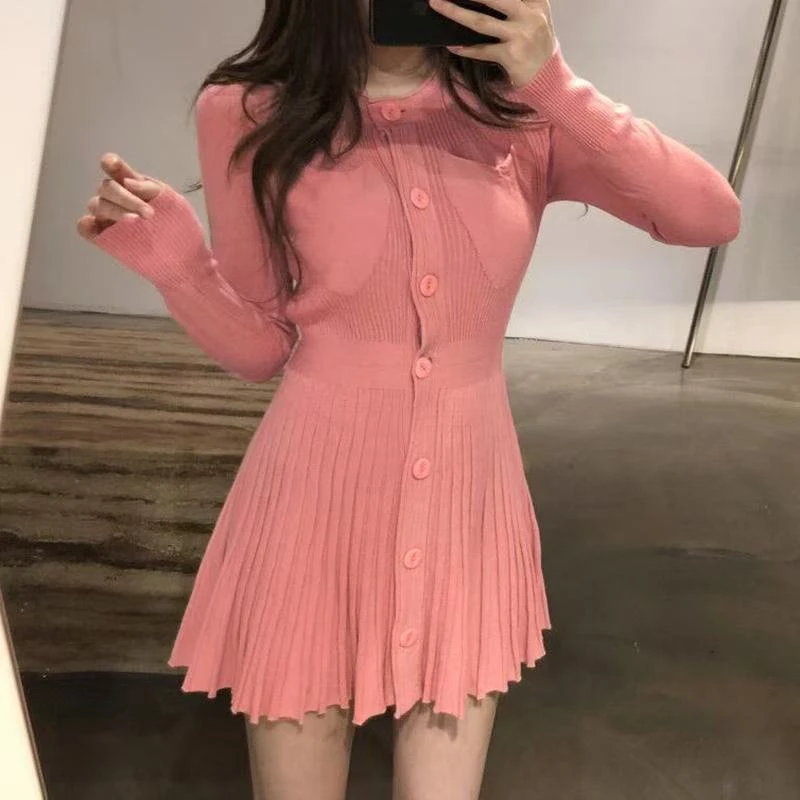 Thin Long Sleeve Knitted Dress Women Summer Korean Single Breasted Sexy Pleated Mini Dress Fashion Streetwear Slim A Line Dress