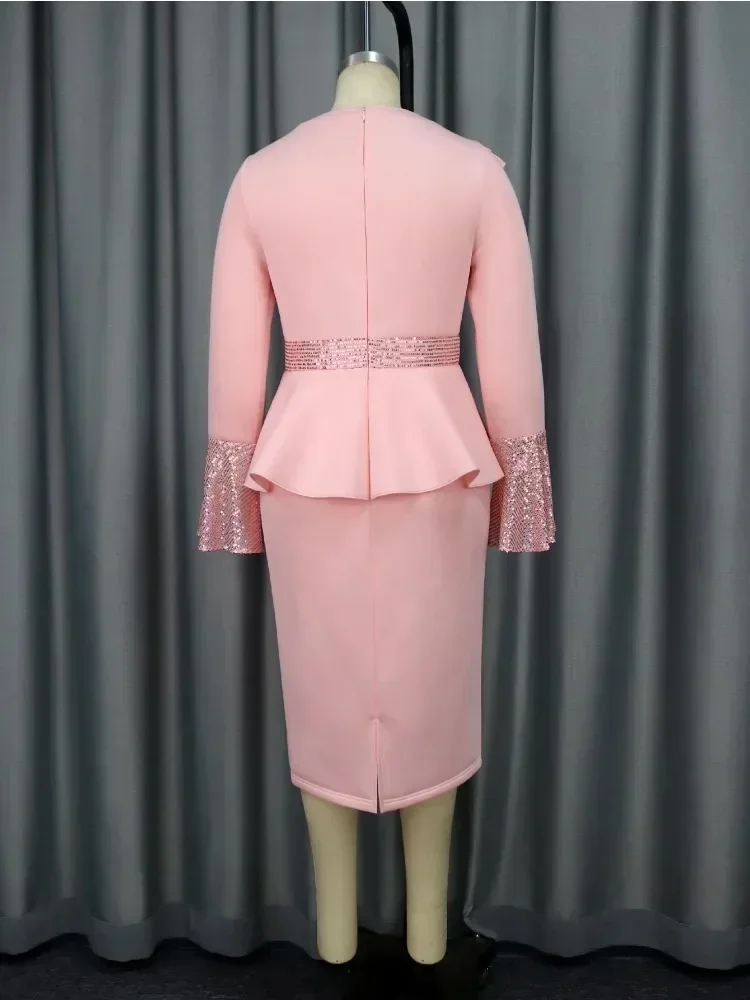 Church Dresses for Women Elegant Ruffles Long Flare Sleeves Sequined Party Bodycon Peplum Classy Occasion African Wedding Guest
