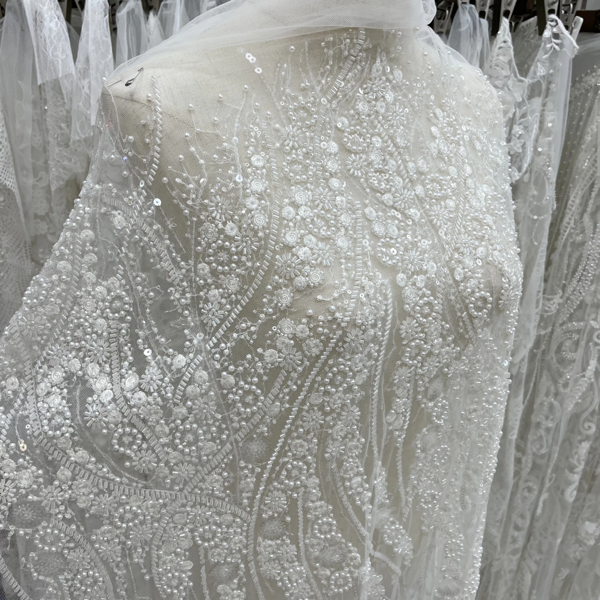 Unique Multi-Sized Sequin Bead Embroidery Private Customized Wedding Lace Fabrics