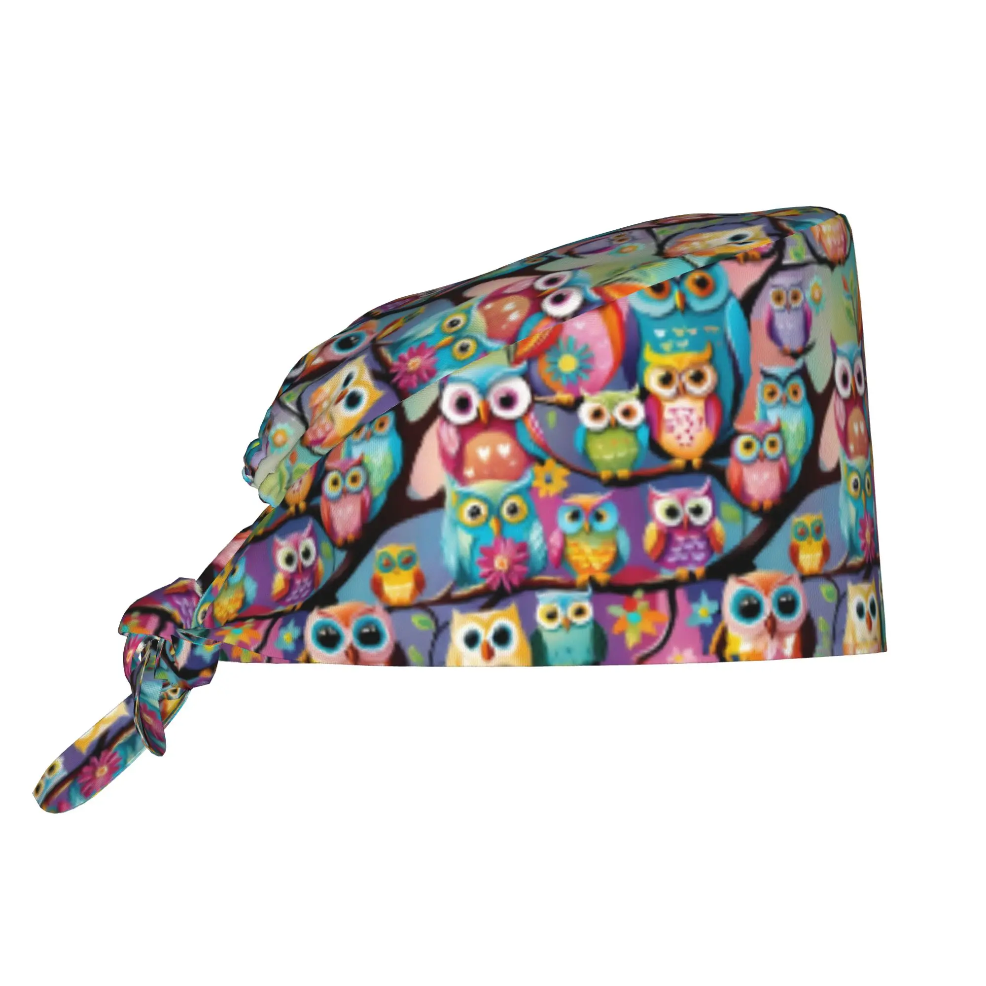 Funny Colourful Creative Owl Printed Breathable Nursing Work Cap Surgical Scrub Caps Nursing Hair Hats  Work Scrubs Hat for