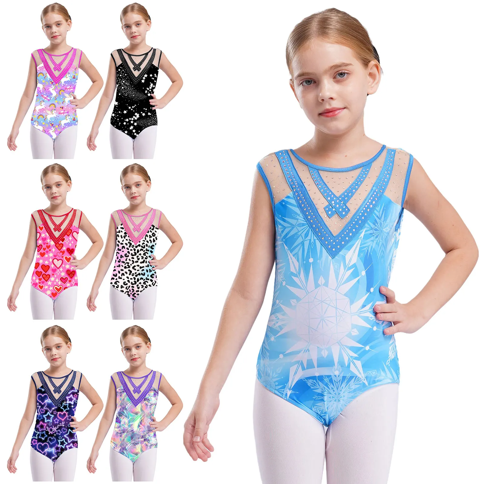 Kids Girls Ballet Dance Gymnastics Leotard Shiny Rhinestones Sheer Mesh Print Bodysuit Figure Skating Yoga Performance Dancewear