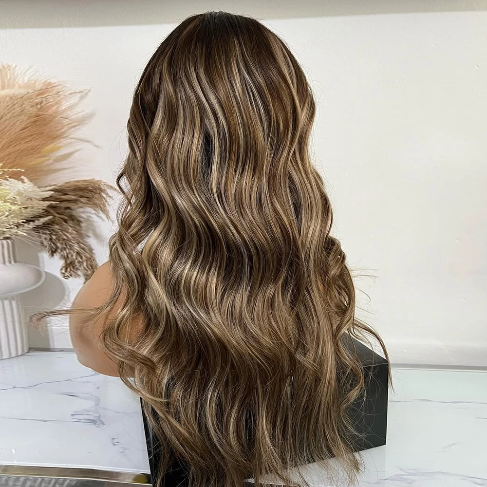 

Dark Brown Brunette Lace Front Wig Heat Resistant Premium Synthetic Lace Glueless Wig Blonde Highlights Long Wavy Womans Wig