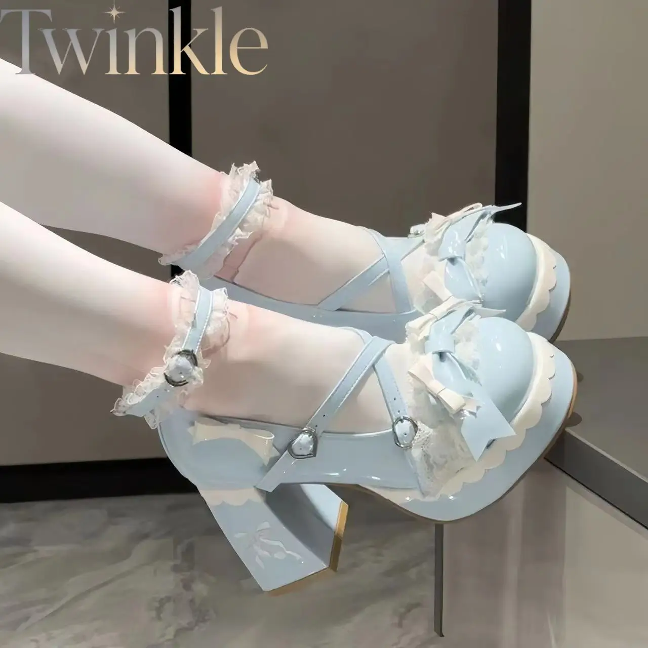 Lolita Mary Jane Shoes Women Bow Pumps Round Toe Waterproof Mid Heel Princess Party Kawaii Ruffle Block Heels