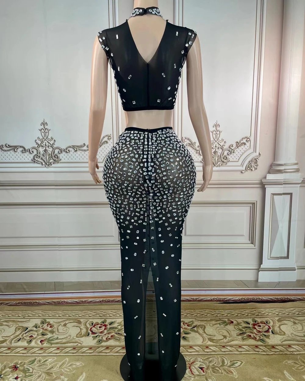 Sparkly Rhinestones Top Long Skirt Sexy Transparent Stretchy Two Pieces Set Celebrate Evening Prom Gown Birthday Dress for Women