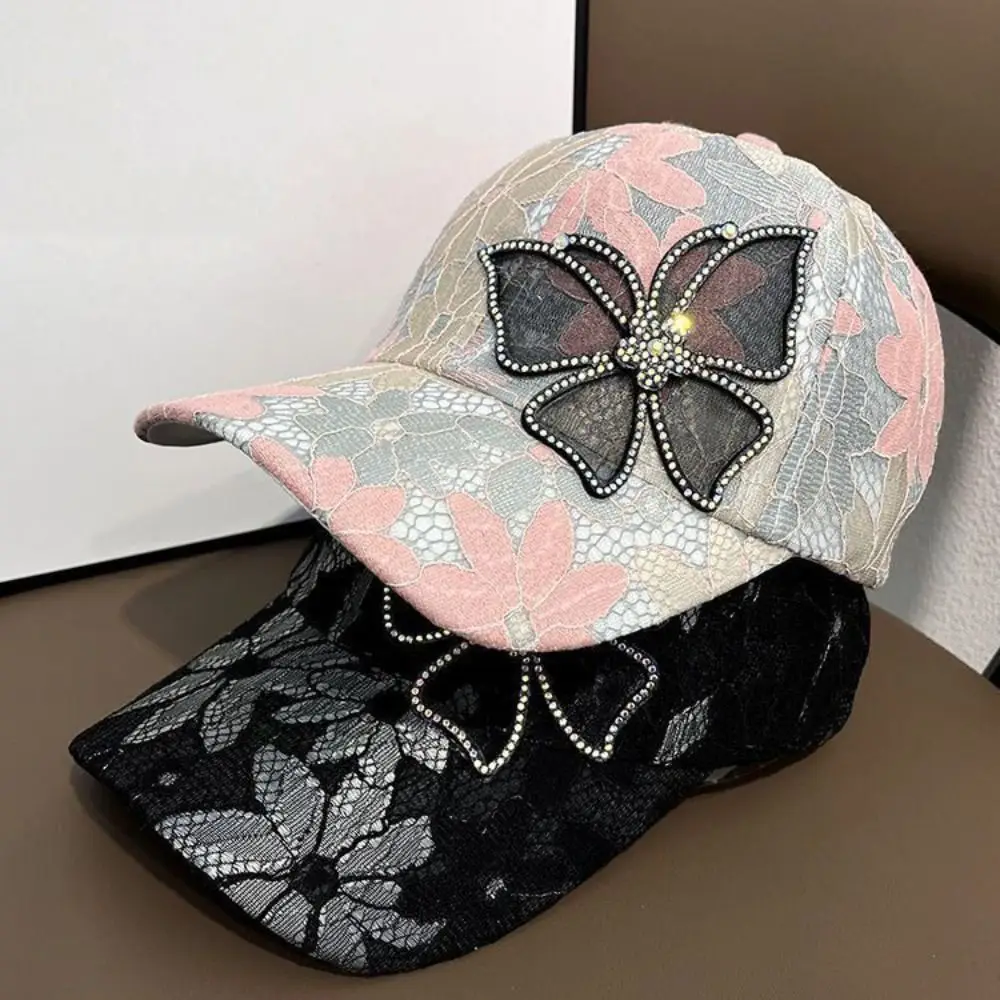 Rhinestone Lace Embroidery Hat Bow Netting Cap Flower Rhinestones Sun Protection Ventilate Ball Caps with Rhinestones Women