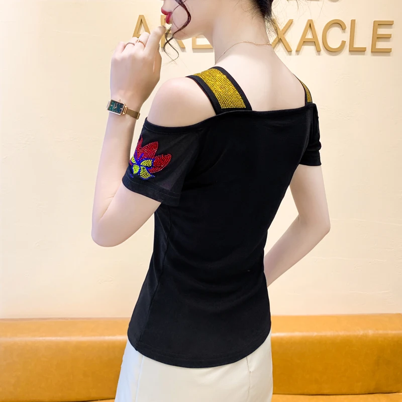 Streetwear European Clothing Women's Brand T-Shirt Shiny Hot Diamonds Ladies Tops Elegant Short Sleeve Slim Tees Shirts