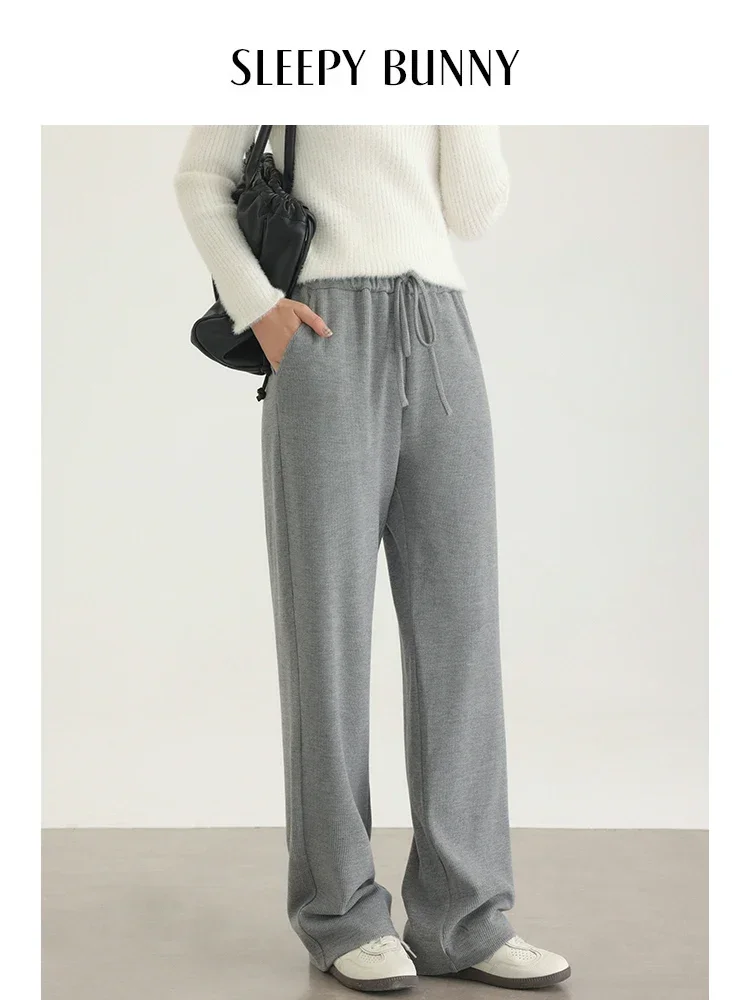 

2025 Spring Women Drawstring Elastic Waist Knit Straight Trousers Casual Loose-Fit Wide-Leg Pants Long Flowing Athletic Bottoms