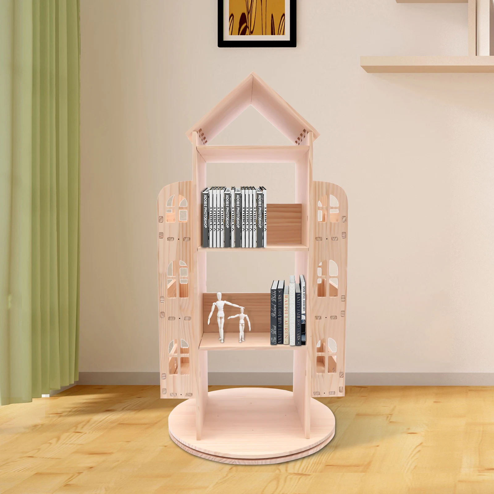 Rotating Bookshelf 360 Degree Wood Castle Bookcase Floor Standing Storage Book Shelf Display Children's Bookcase